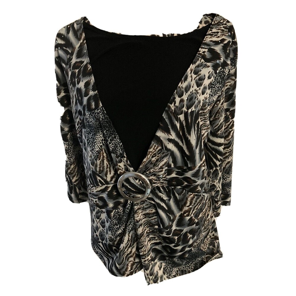 Brittany Black Top Blouse 1X Animal Print Sequins Silver Buckle